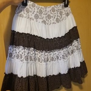 Brown and white eyelet midi skirt